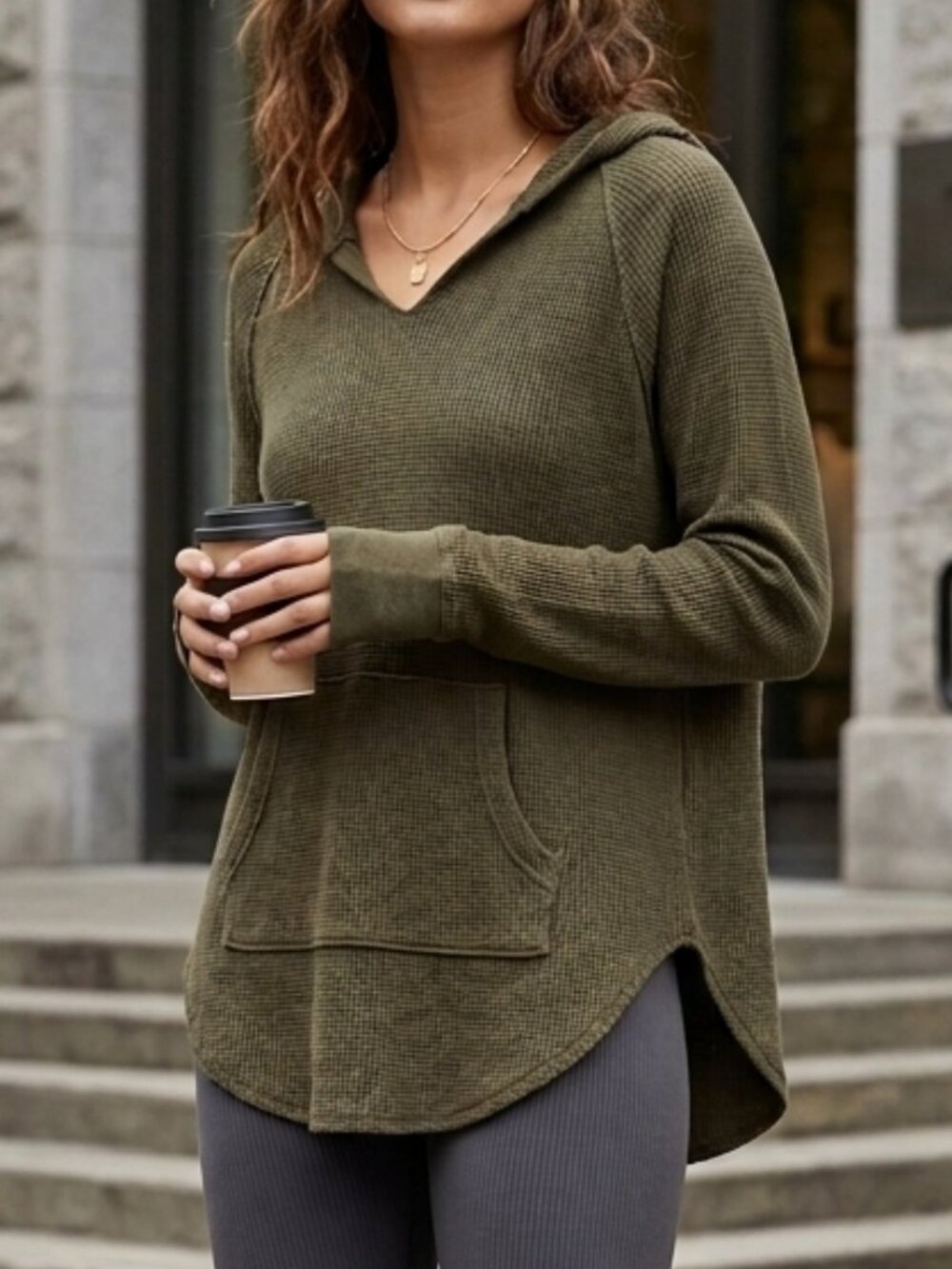 Aritzia TNA Nevado Thermal Green Hooded Waffle Knit Sweater Size M